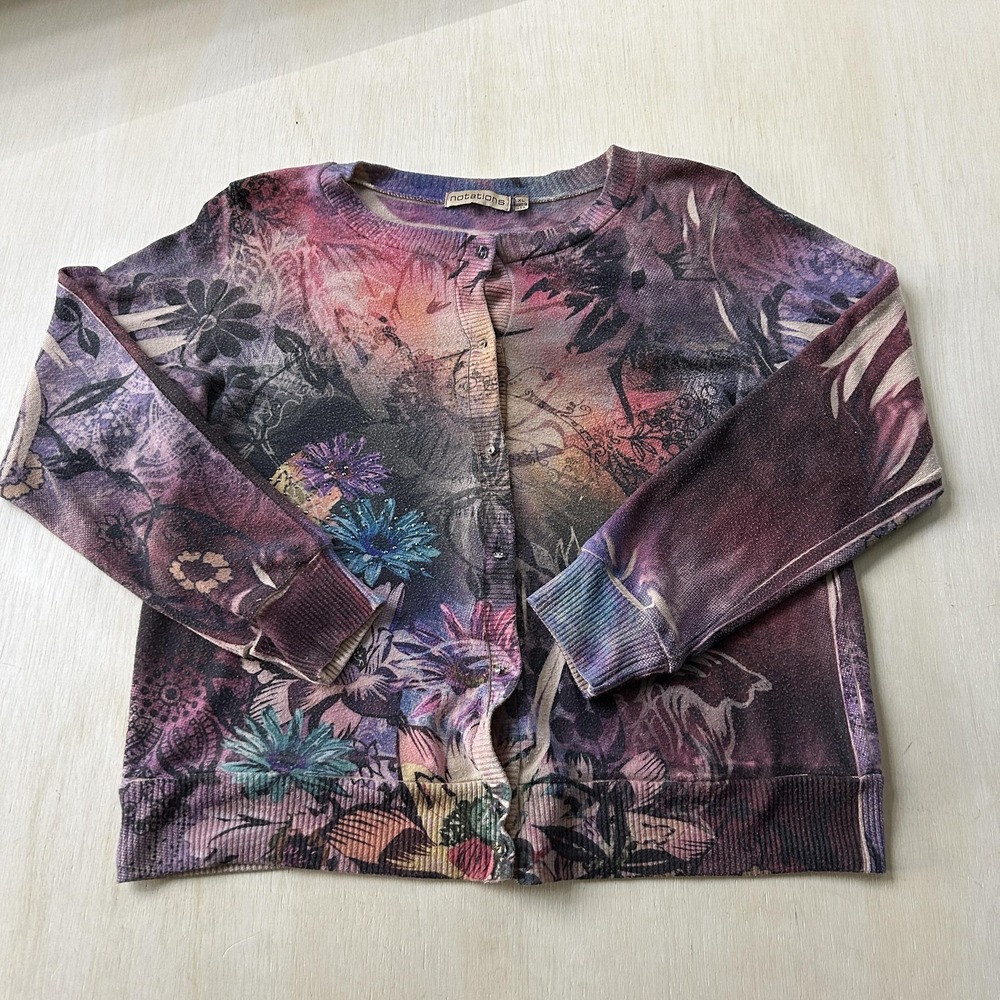 Notations Sweater Womens XL Multicolor Floral Graphic Button Crew Neck Cardigan